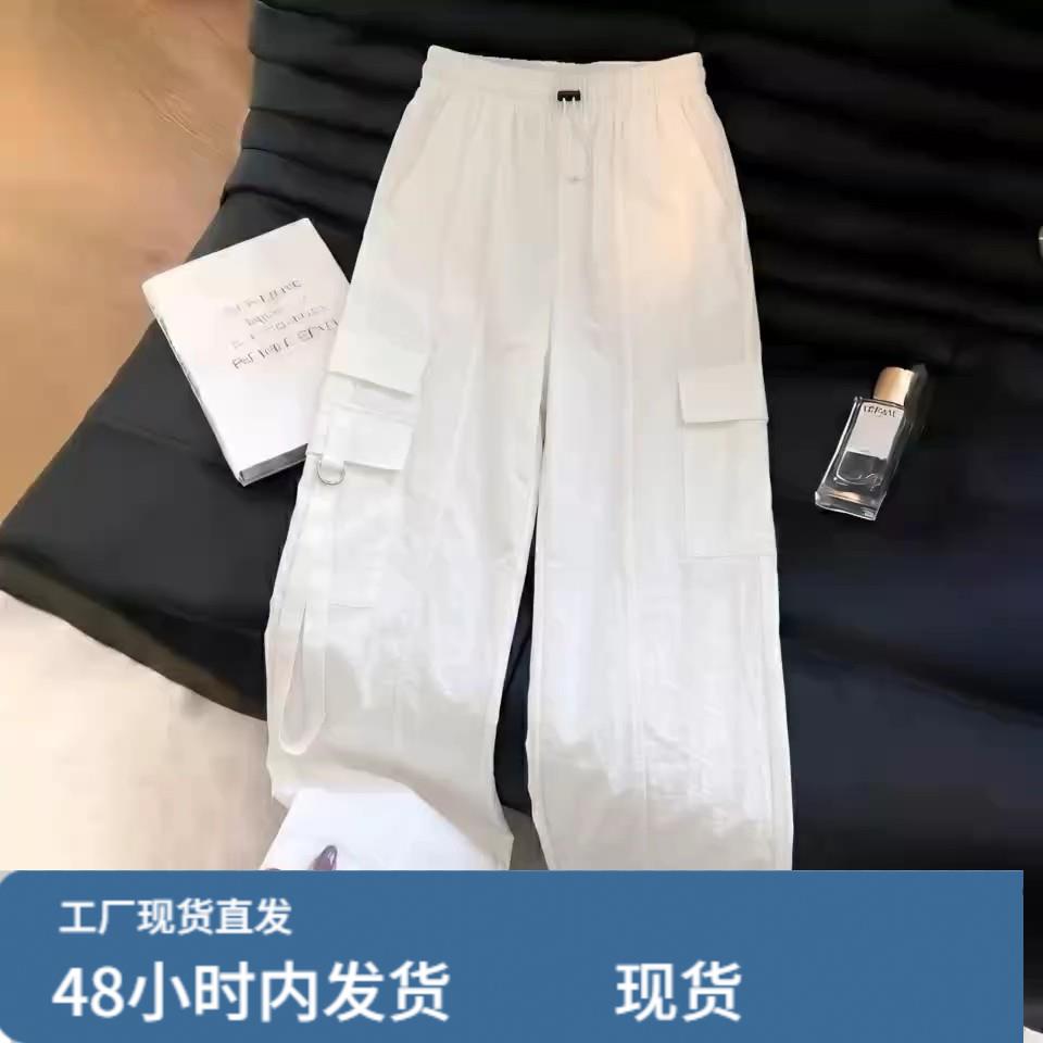 白色韩版工装风多口袋阔腿裤女2026夏季新款松紧腰宽松显瘦休闲裤