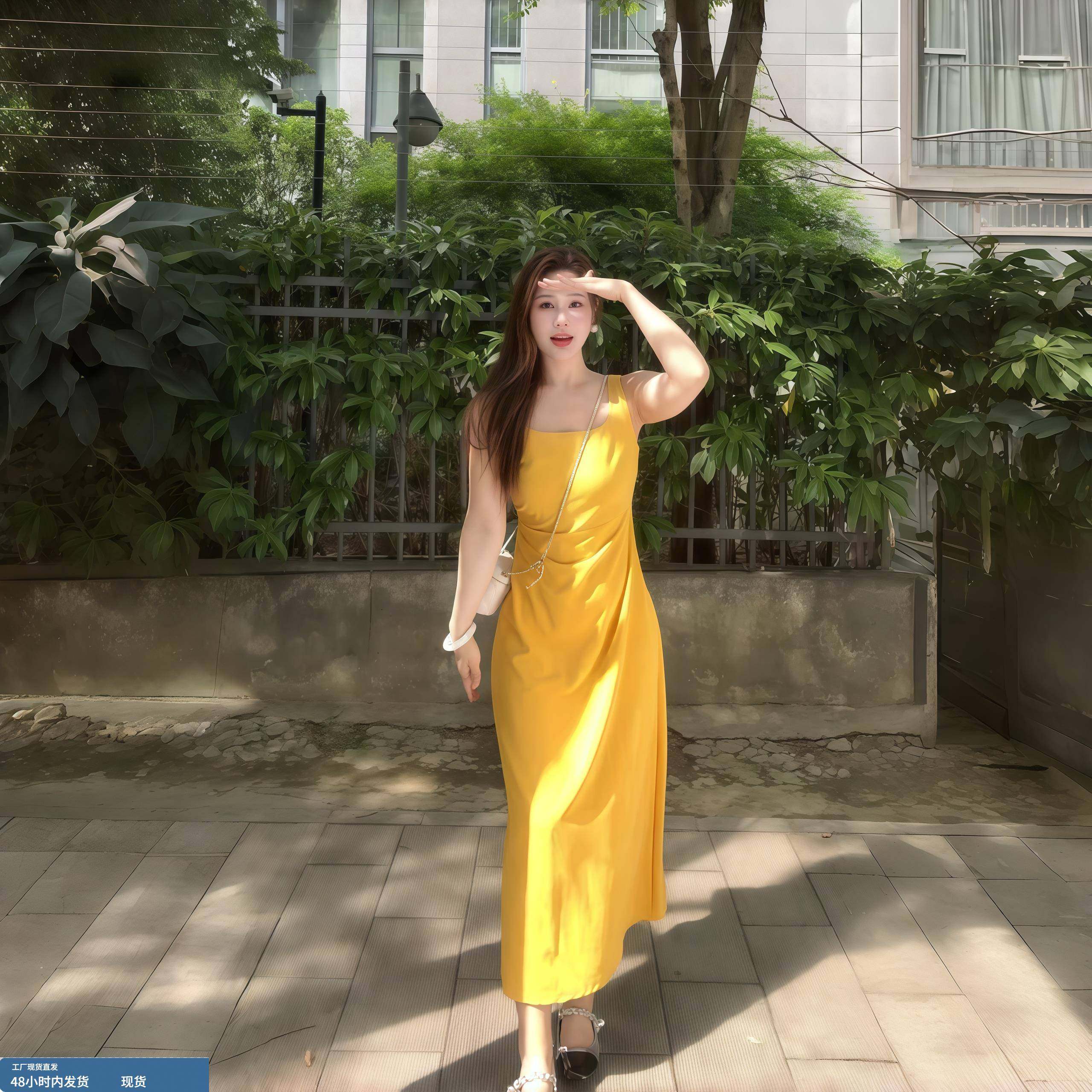 大码法式气质赫本风掐腰吊带连衣裙胖mm百搭风遮肚巨显瘦纯色裙子