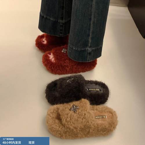 吴宣仪同款厚底十字花一字毛毛拖鞋女秋冬季外穿红色羊羔毛加棉鞋