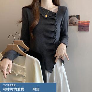大码女装胖MM秋天巨好看的上衣韩系法式不规则木耳边翻领针织小衫