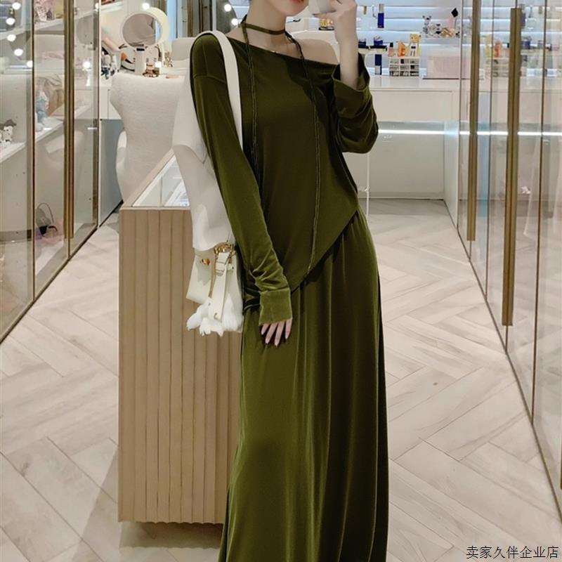 气场强大名媛气质女神范巨好看轻熟大方得体绿色丝绒连衣裙套装秋