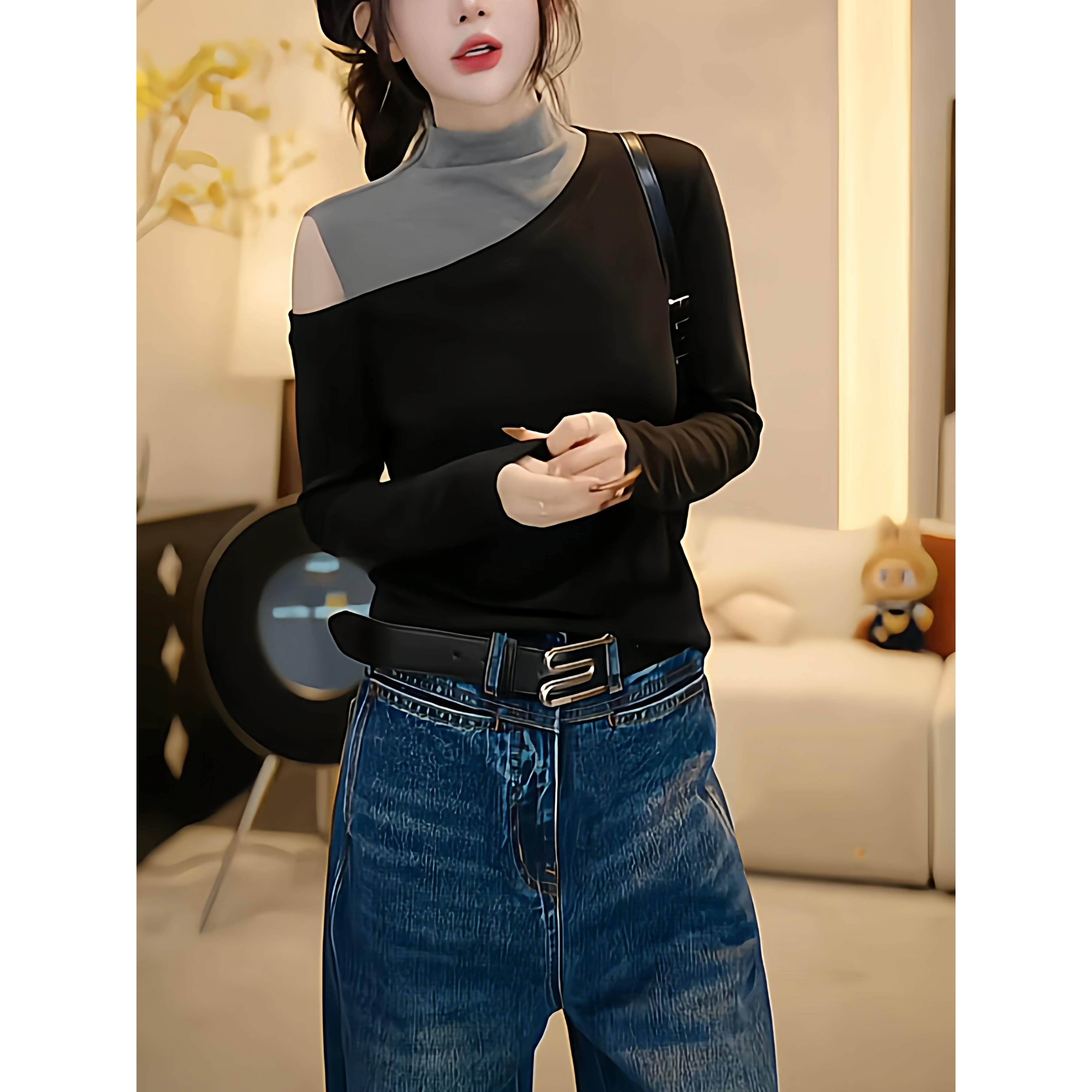 撞色拼接半高领长袖t恤打底衫女秋冬新款显瘦内搭露肩假两件上衣,模玩/动漫/周边/娃圈三坑/桌游,Cosplay女装/cos女装,淘宝优惠券,粉丝福利购,淘宝优惠卷