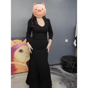 大码胖mm法式红底步步生莲鱼尾长裙子秋冬新款修身显瘦包臀连衣裙