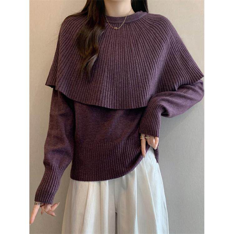 紫色假两件斗篷披肩针织衫女2025新款秋冬大码胖mm巨好看毛衣上衣