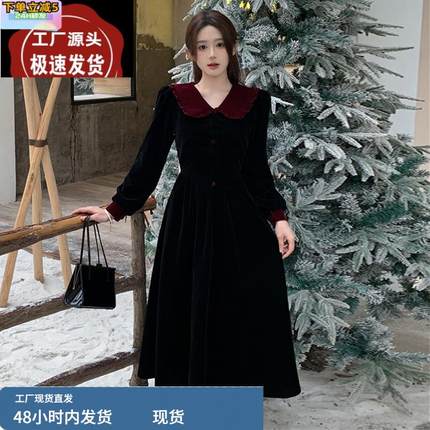 大码春季新款高级感法式复古赫本风气质显瘦娃娃领金丝绒连衣裙子