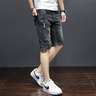 薄款 男5分休闲马裤 弹力牛仔短裤 直筒青年五分中裤 男破洞修身 夏季