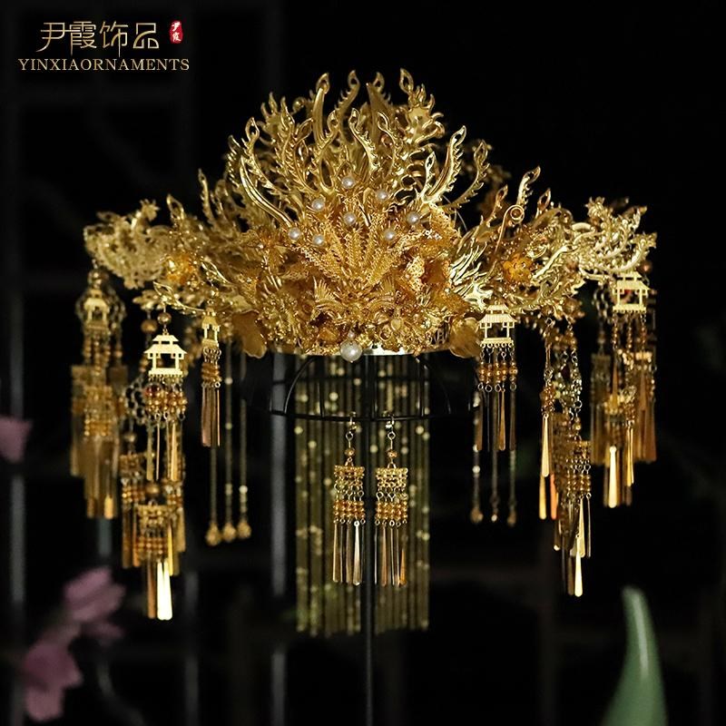 奢华金色凤冠头饰新娘女汉服婚服中式婚礼结婚发冠龙凤褂发饰品