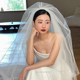 头纱新娘主婚纱长款拖地多层蓬蓬纱硬纱缎面婚纱头大纱简约韩式白