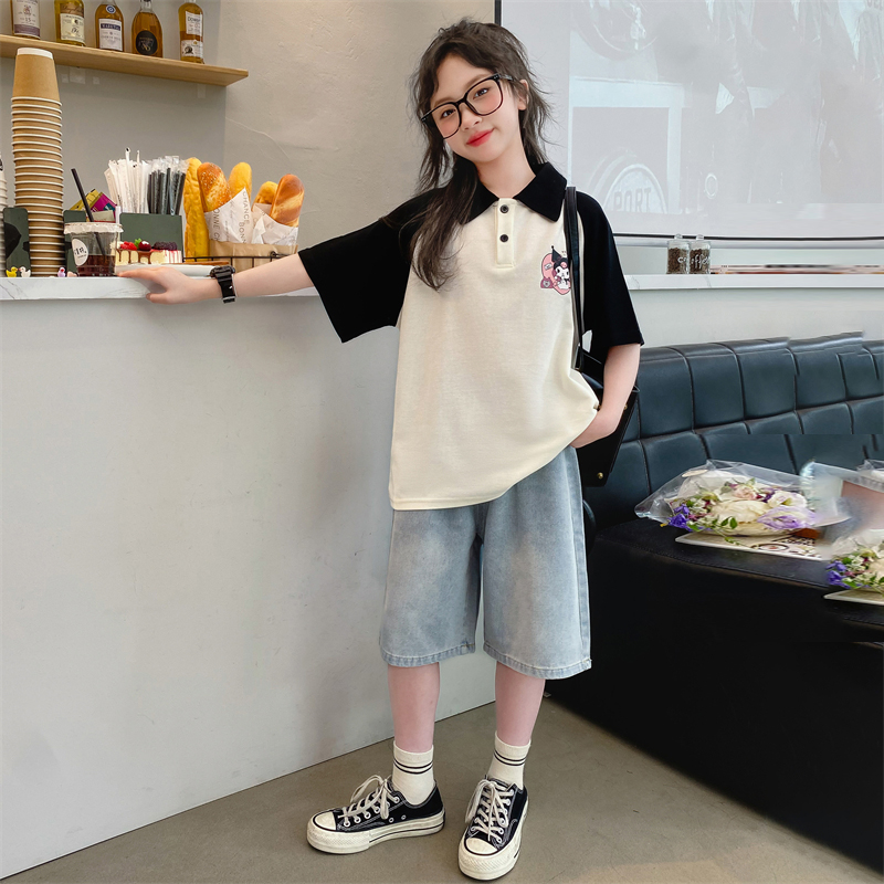 女童夏装套装2024新款洋气儿童牛仔短裤K夏季薄款女大童装五分裤