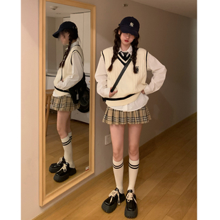 复古背心慵懒V领打底毛衣潮 学院风针织马甲女早秋小个子叠穿A美式