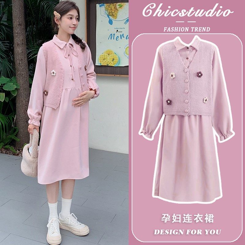 孕妇连衣裙套装春秋2025新款宽松显瘦遮肚减龄马甲两件.套中长款
