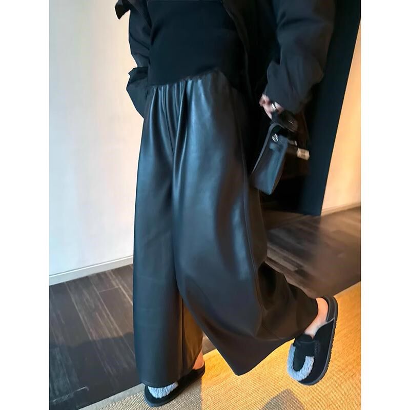 孕妇九分阔腿皮裤秋冬季款外穿时尚宽松休闲宽松直筒托腹pu皮裤子