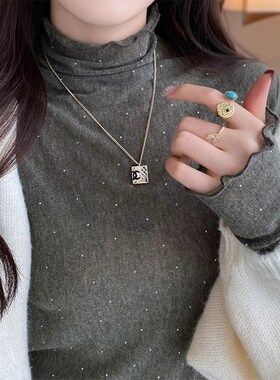 高货烟灰色半高领蕾丝n打底衫女2025新款秋冬设计感木耳边修身内