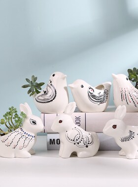 卡通白色动物个性陶瓷多肉花盆小号家用J简约北欧桌面小摆件高颜