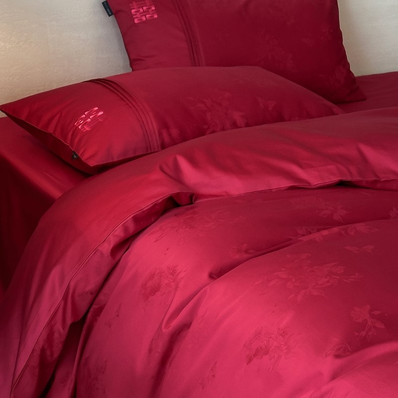 简约100支长绒棉浪漫全棉红色结婚庆四件套喜庆纯棉刺绣床上用品4