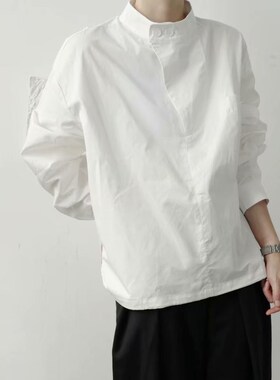 禁欲系设计感小众男士白色衬衫男上E衣服高级感冷淡风立领韩版衬
