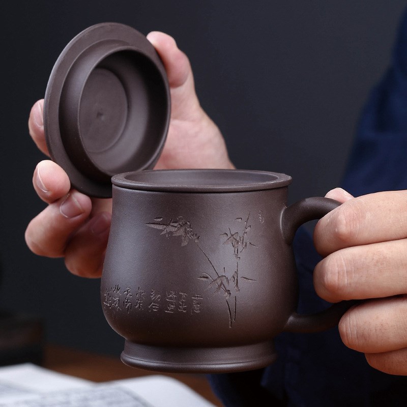 宜兴紫砂杯内胆过滤茶杯3件套装纯全手工带盖水杯子竹石代发