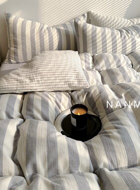 自由生活|A类高级灰色条纹全棉皱布纱四件套简约柔软纯棉.床品1.8