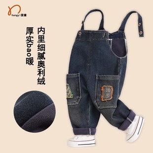 宝宝牛仔背带裤加绒加厚秋冬季202E3新款男宝一岁小童休闲裤婴儿