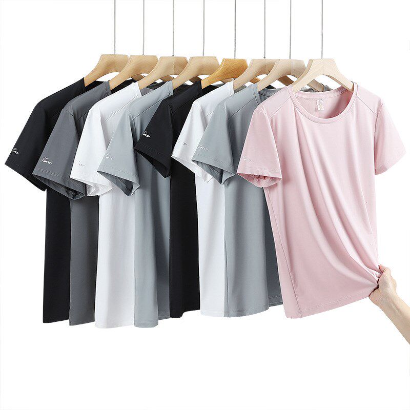 情侣夏季新款速干冰丝短袖t恤女纯色圆领T恤透气运动弹力上衣男