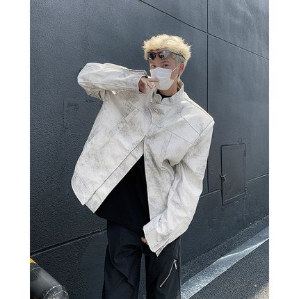 小众高级感喷墨立领机车服皮衣男装D短款垫肩美式复古PU皮夹克外