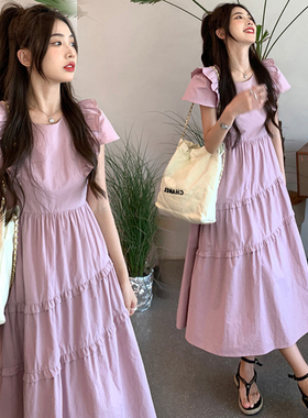 孕妇夏天连衣裙2023p时v尚气质紫色木耳边宽松过膝长裙孕妇装仙女