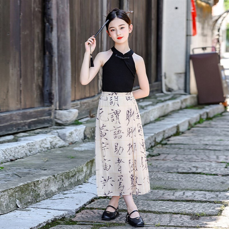 女童夏季汉服2023新款中国风复古唐G装H大童夏装连衣裙国风吊带裙
