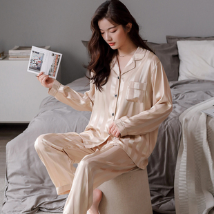 长袖 夏季 长裤 韩版 可外穿家居服 两件套装 条纹睡衣女士春秋冰丝薄款