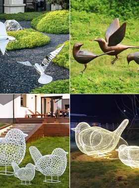 户外不锈钢e小鸟摆件镜面仿真海鸥鸽子雕塑售楼处草坪水景动物装