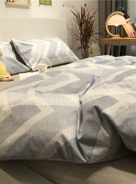 北欧简约条纹男士床上四件套全棉纯棉被套蓝色1S5m学生公寓三件