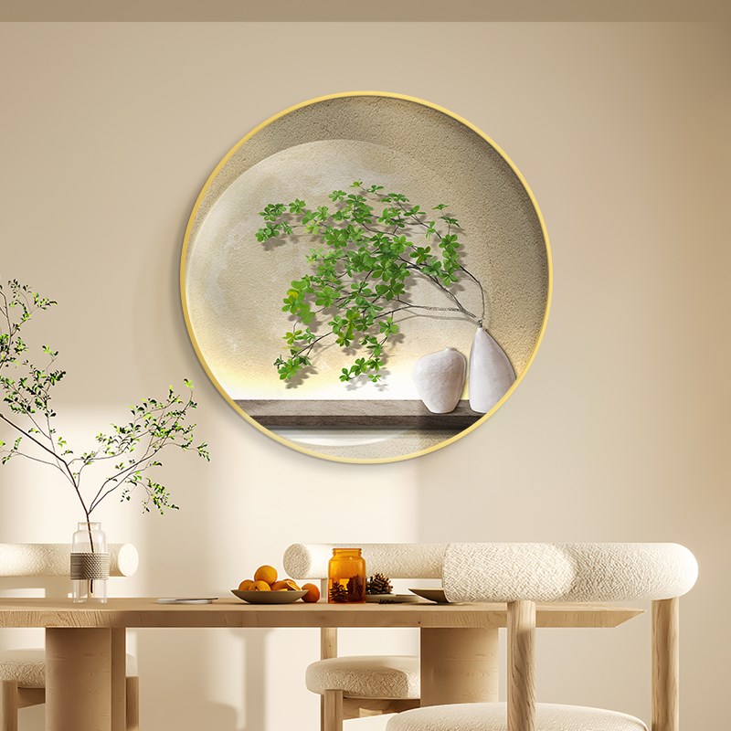 迎客松树玄关装饰画新中式鹿入户门圆形壁画走廊过道茶Y室带灯挂图片