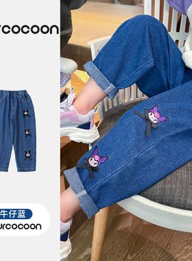 女童侧边绣花牛仔裤秋季儿童洋气甜F美裙子女孩子春秋款宽松长裤