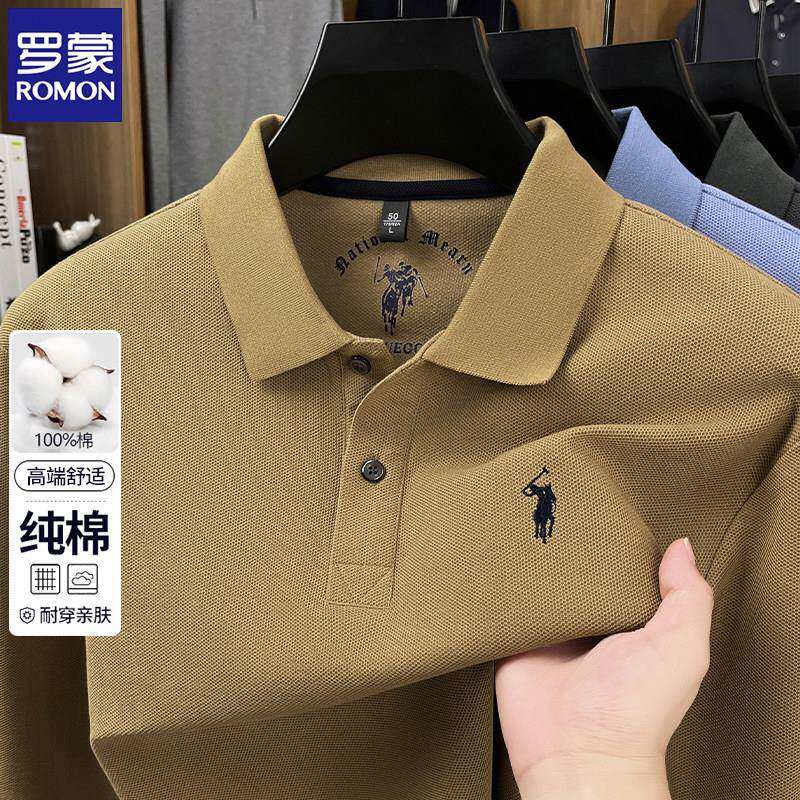 罗蒙100%纯棉长袖t恤男士2025春秋季小马标翻领polo衫休闲男装潮