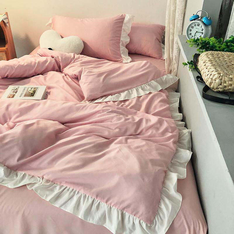 少女心纯粉色水洗棉四件套公主风荷叶花边被套床单床裙宿舍三件套,床上用品,床单,淘宝优惠券,粉丝福利购,淘宝优惠卷