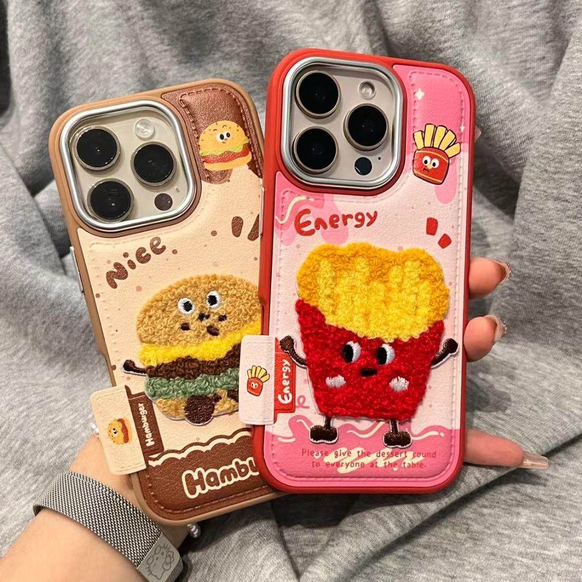 个性刺绣汉堡薯条皮质适用于苹果16promax手机壳15刺绣14防摔13女