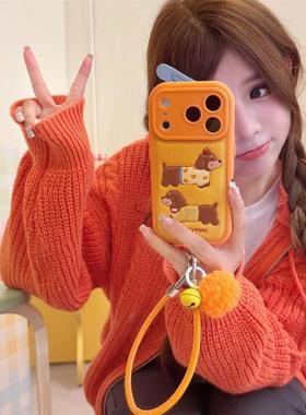 高级感星宇橙色皮纹腊肠狗毛球铃铛适用iPhone17苹果14手机壳16