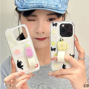 可爱小黑猫茄子指环扣适用于16手机壳苹果14/13promax硬壳12卡通