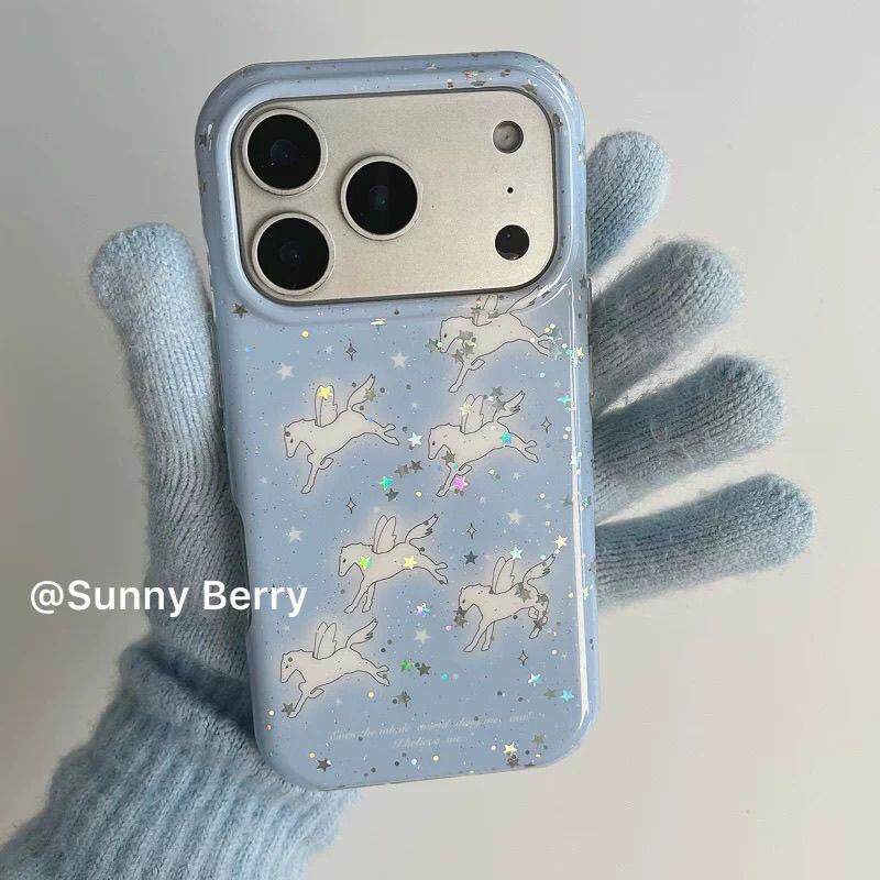 清新奶油蓝白色飞马银星星适用苹果17promax手机壳iphone16全包15