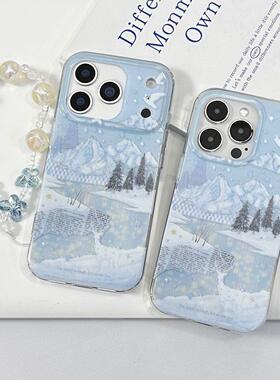 双层IMD-蓝底雪山小鹿适用于苹果13pro手机保护壳创意17promax手
