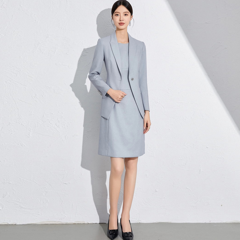 日本品质春秋时尚新款灰蓝色西装套装修身显瘦高级感职业女装连衣