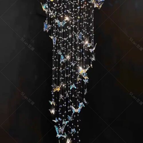 水晶蝴蝶楼梯吊灯2026新款loft公寓挑高装饰灯别墅旋转楼梯长吊灯