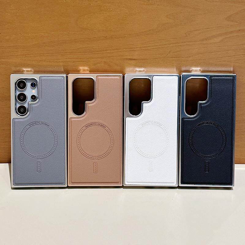 适用三星S25plus皮质磁吸手机壳s24Ultra电镀边框贴皮防摔保护套