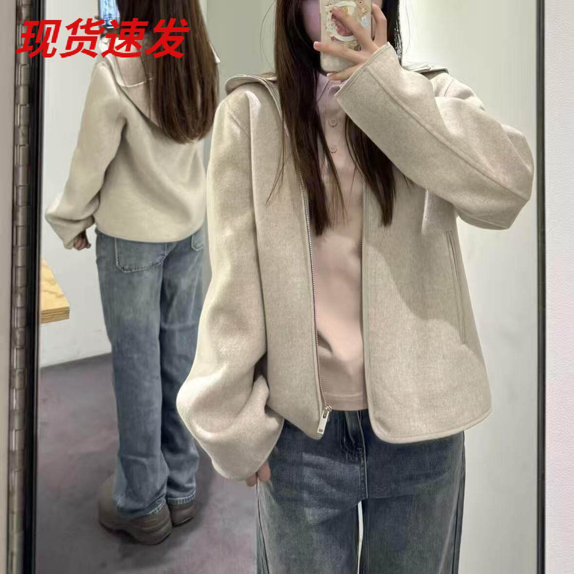 C家女装休闲版型连帽双面呢混纺