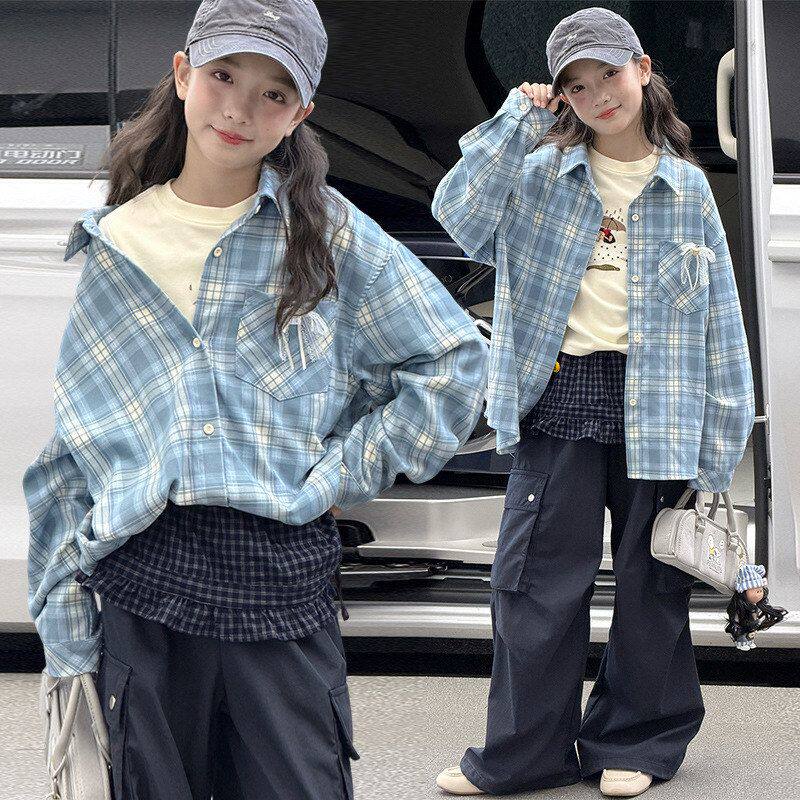 格子衬衫上衣秋装儿童春秋女童纯棉新款新潮中大童衬衣蓝洋气2026