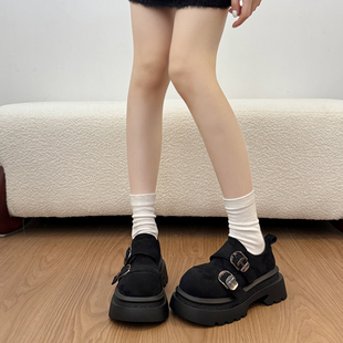 小皮鞋 女黑色厚底增高小个子百搭单鞋 圆头 皮带扣乐福鞋 英伦风韩版