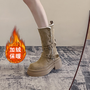 两穿美拉德加绒靴子女款 骑士靴 小个子厚底马丁短靴2025新款