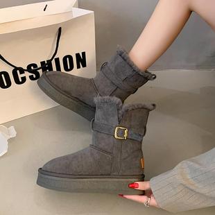 厚底增高短筒靴子保暖两穿东北棉鞋 灰色加绒雪地靴女2025冬季 新款