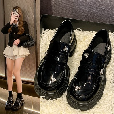 鞠婧祎同款厚底乐福鞋女英伦风漆皮小皮鞋水钻增高单鞋jk皮鞋川禾