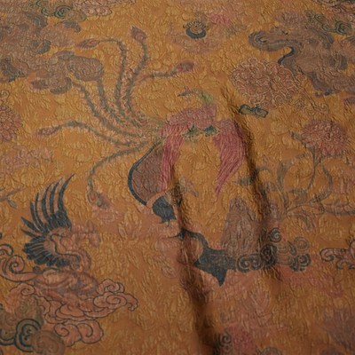 零头黄色凤凰祥云印花23姆冠乐绉香云纱旗袍连衣裙面料桑蚕丝布料