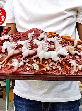 客厅装饰白古玩收藏马八骏图红仿大摆雕品原石玉石件八寿山石